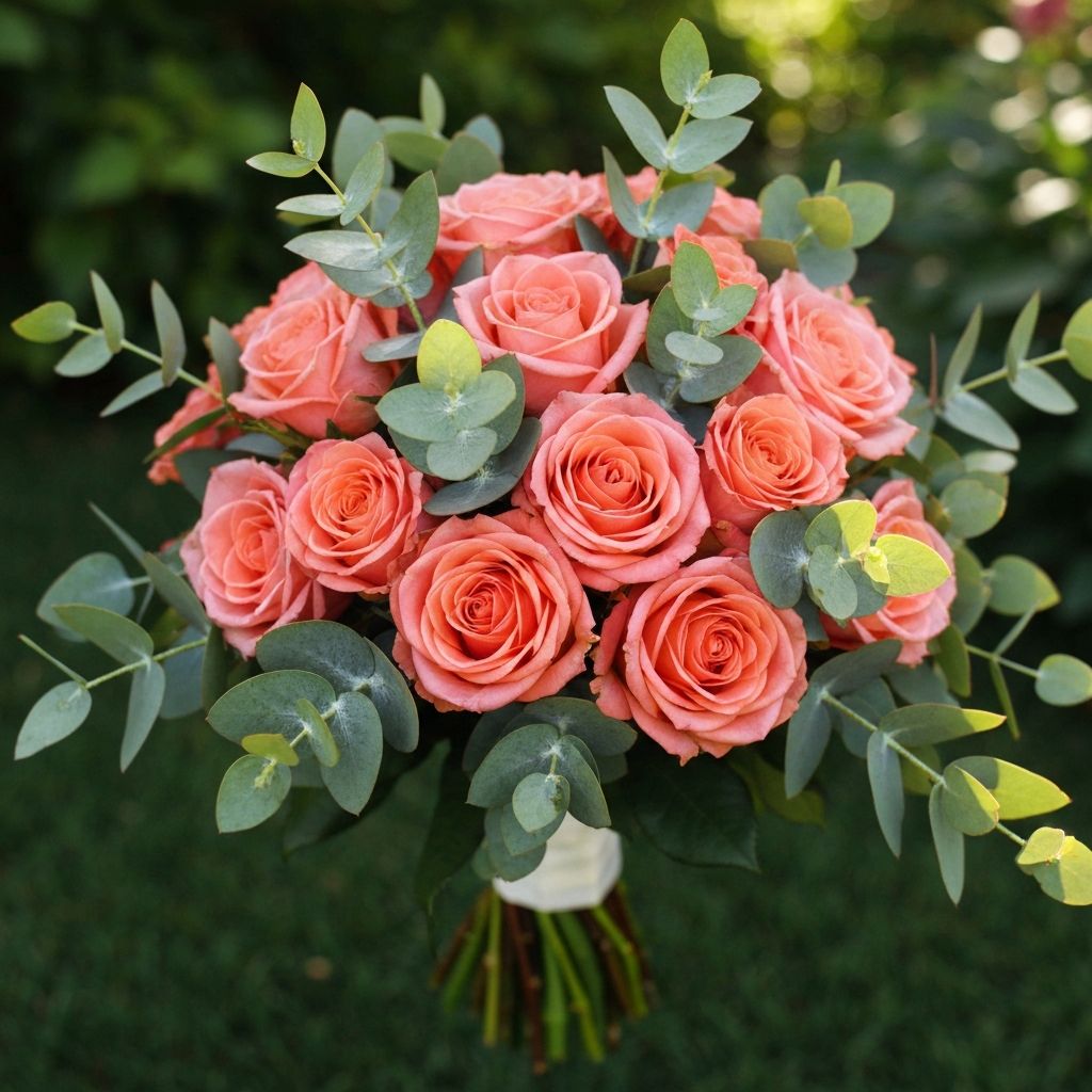 Сватбен букет с корални рози и евкалипт