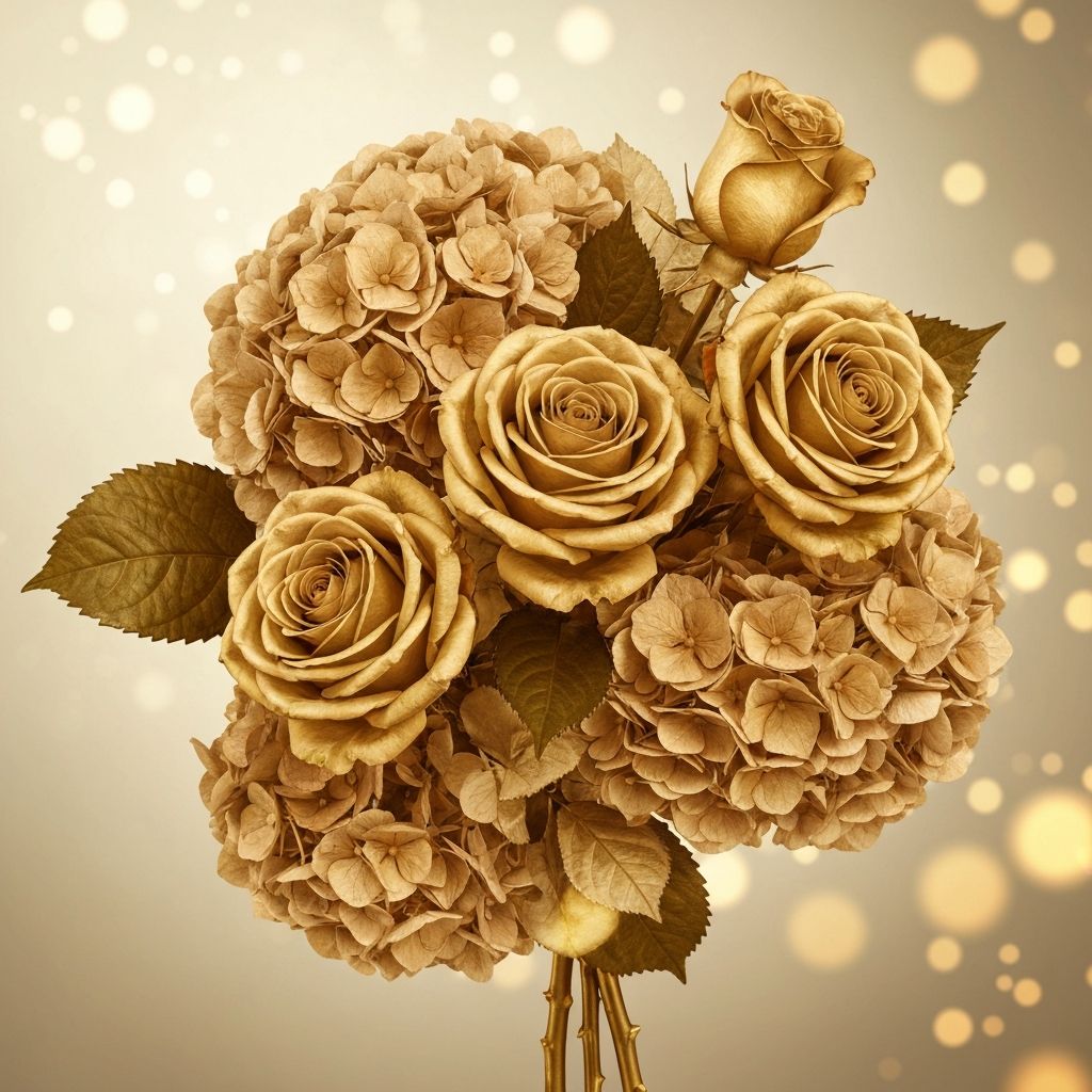 Златна композиция с рози и хортензии