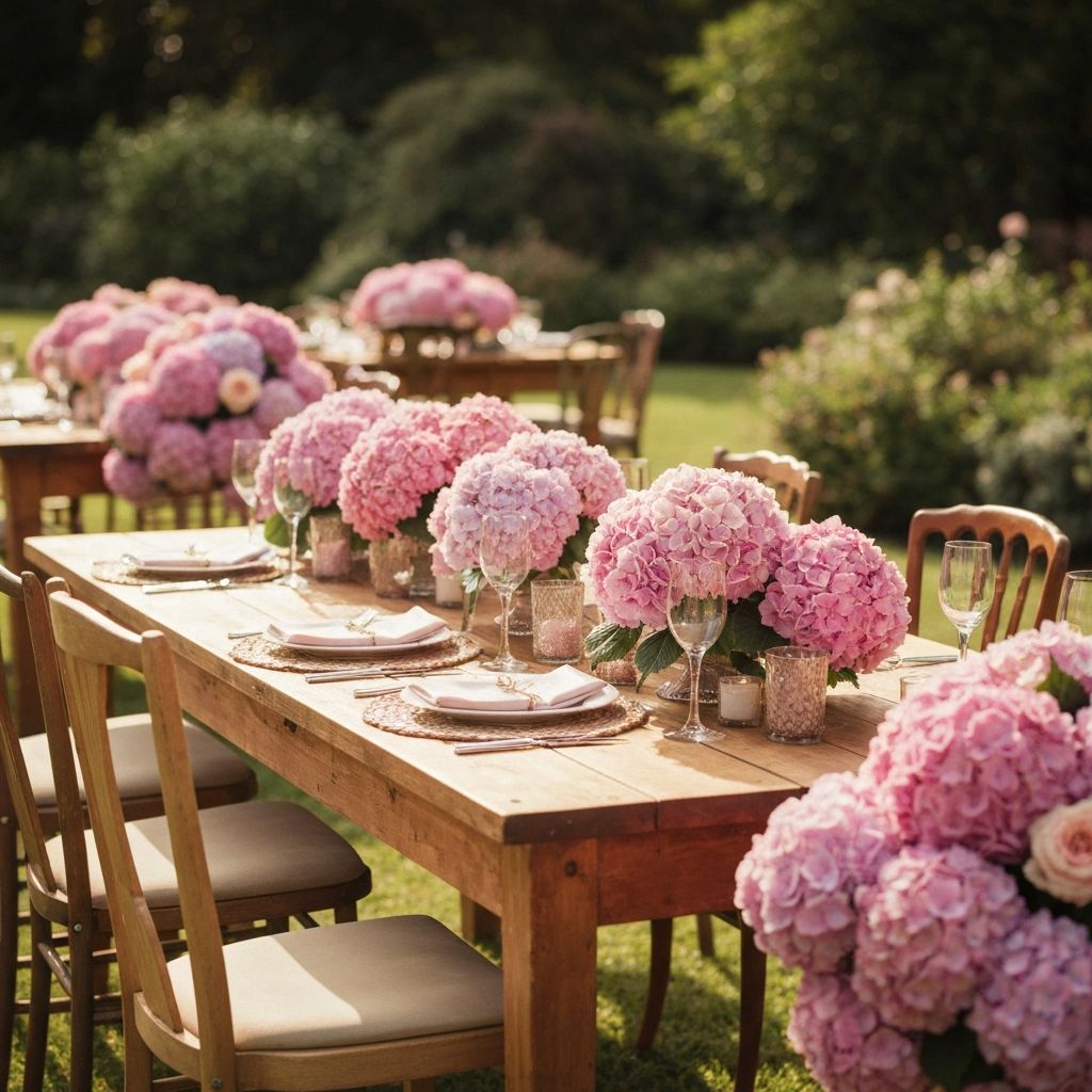 Външна сватбена маса с розови хортензии